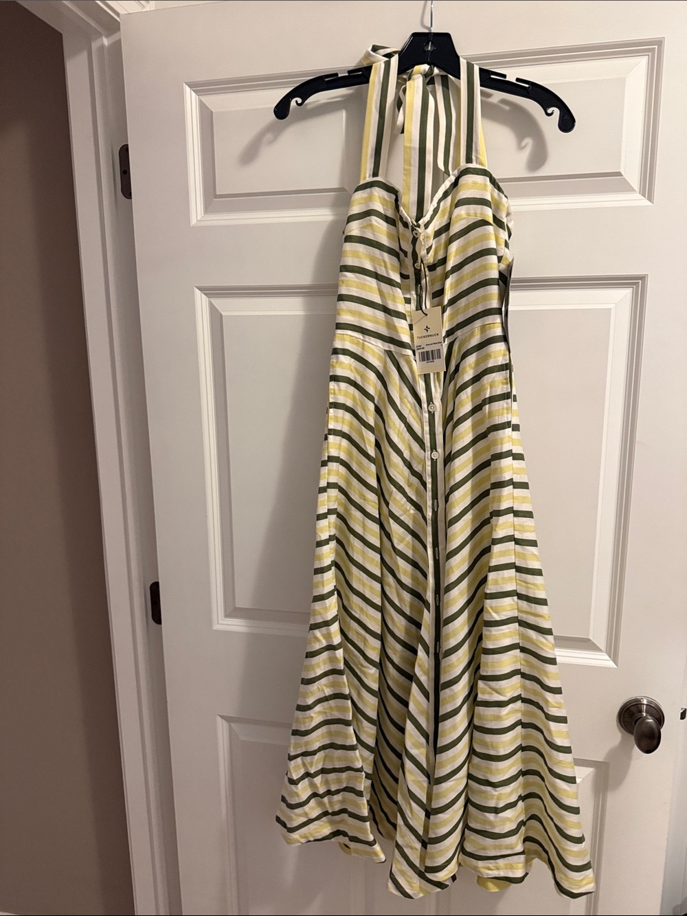 Tuckernuck Striped Halter Midi Dress in Olive Green & White